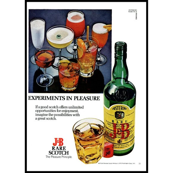 1972 J and B Scotch Experiments in Pleasure Vintage Print Ad Rocks Glass Decor - Picture 1 of 1